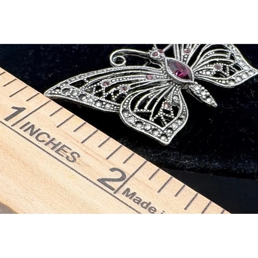 VTG Signed LIA Butterfly Brooch Pink Rhinestones Faux Marcasite Silver Tone